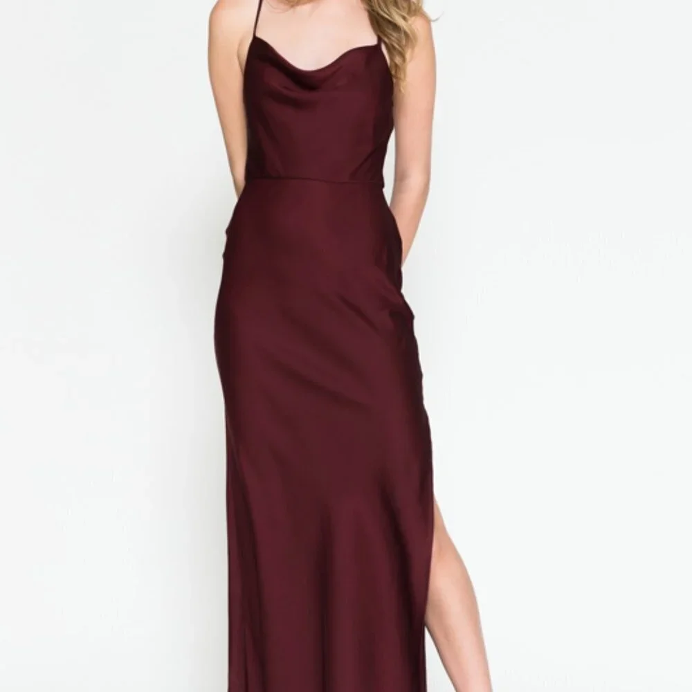 WINE COLOR SIMPLE SATIN PARTY BRIDSMAIDS EVENING MIDI SHEATH GOWN DRESS AC6115 - Picture 7 of 7